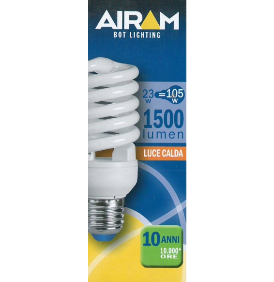 Airam lampadina e27 a risparmio spirale t2 w23 2700^k