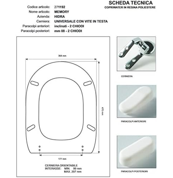 Copriwater hidra memory bianco c erniera cromo-sedile-asse wc