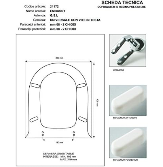 Copriwater g.s.i embassy bianco cerniera cromo-sedile-asse wc